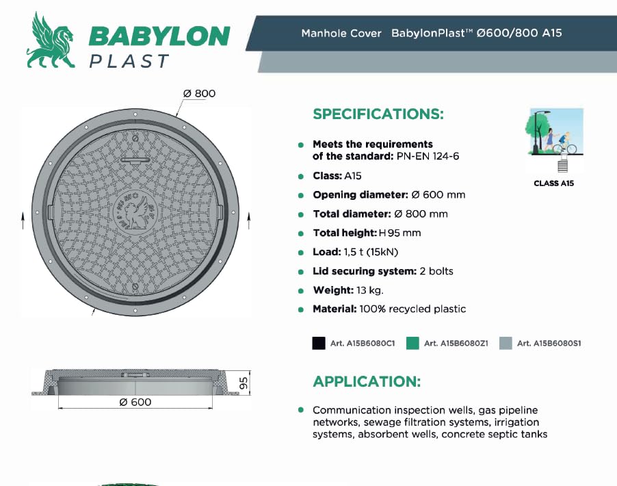 BABYLONPLAST Schachtabdeckung, Schachtdeckel DN600/800, 15 kN - Hochbelastbarer Kunststoff Kanaldeck