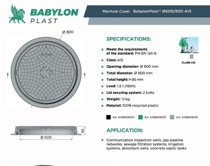 BABYLONPLAST Schachtabdeckung, Schachtdeckel DN600/800, 15 kN - Hochbelastbarer Kunststoff Kanaldeck