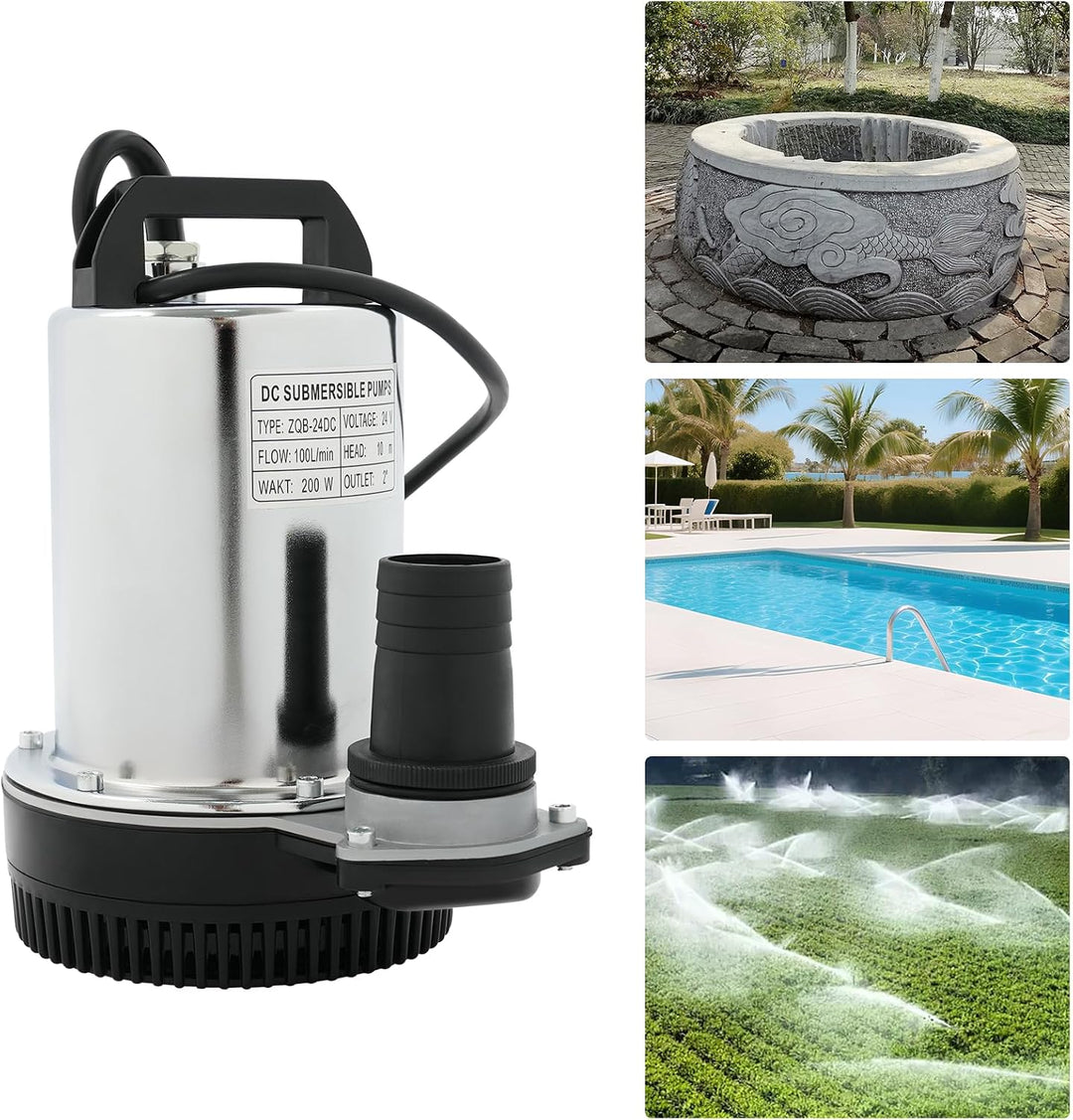 24V DC Tauchpumpe Klein Schmutzwasserpumpe 200W aus Edelstahl, 100 l/min, 10 m Förderhöhe und IP56,