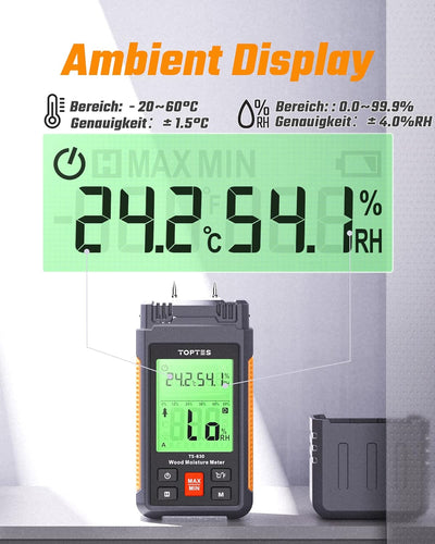 TopTes Feuchtigkeitsmessgerät, Feuchtigkeitsmesser für Wand und Holz TS-630, Grosses LCD-Display Dre