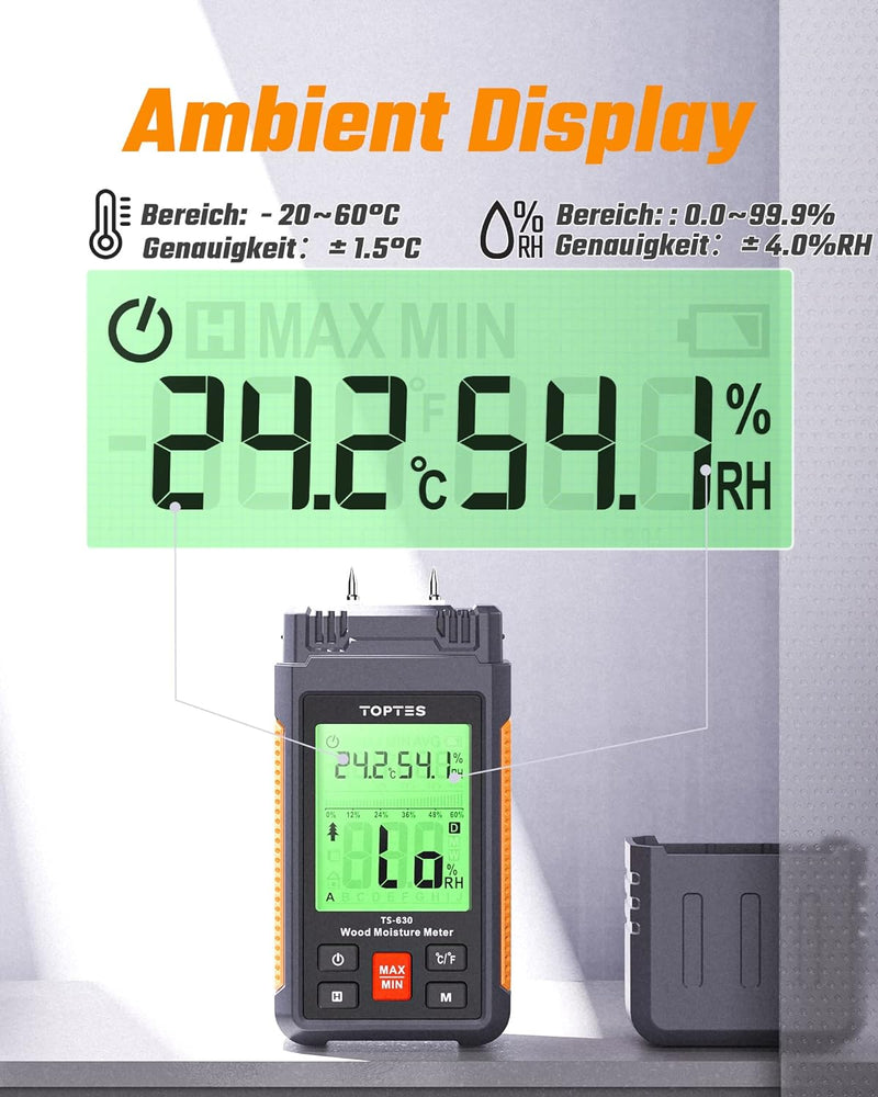 TopTes Feuchtigkeitsmessgerät, Feuchtigkeitsmesser für Wand und Holz TS-630, Grosses LCD-Display Dre