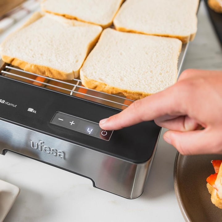 Ufesa Flachtoaster Kamut, 1000W mit 3 Quarz-Heizelementen, Horizontaler Toaster aus Edelstahl, XL-Gr
