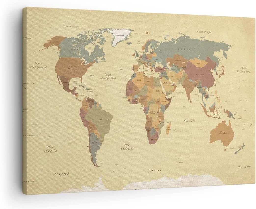Bilder auf Leinwand Karte Welt Land Leinwandbild mit Rahmen 70x50cm Wandbilder Dekoration Wohnzimmer