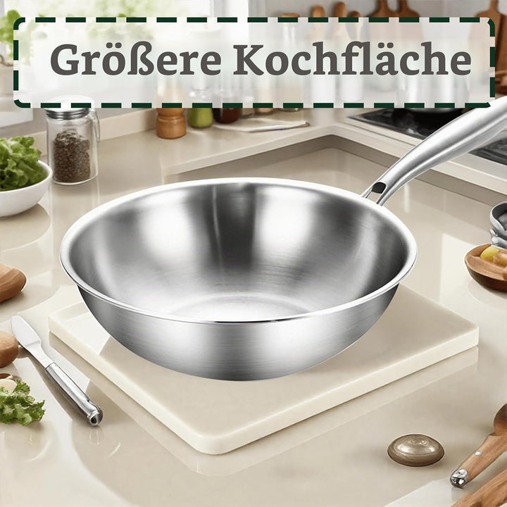 Edelstahl Wokpfanne 32 cm Induktion, Durchgehend 3-lagig Wok 32cm, 32cm