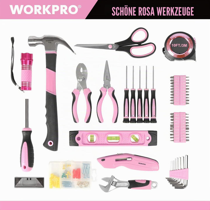 WORKPRO Pink Werkzeug Set Rosa Werkzeugkoffer 106-teilig Haushalts-Werkzeugsatz Reparatur inkl. Tasc