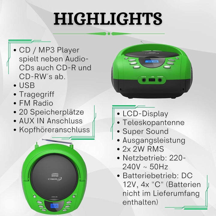 Tragbare Boombox | CD/CD-R | USB | FM Radio Player | AUX-Eingang | Kopfhöreranschluss | Kinderradio