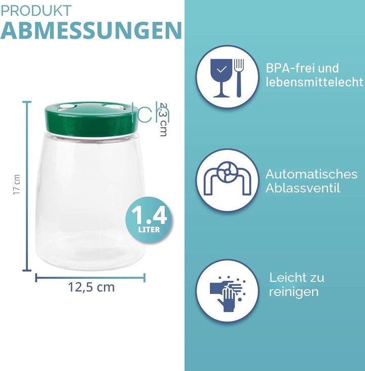 Gärglas mit Entlüftungsventil mit 1-Wege-Entlüftung - 1.4L 2er-Pack Lebensmittelecht Fermentierglas