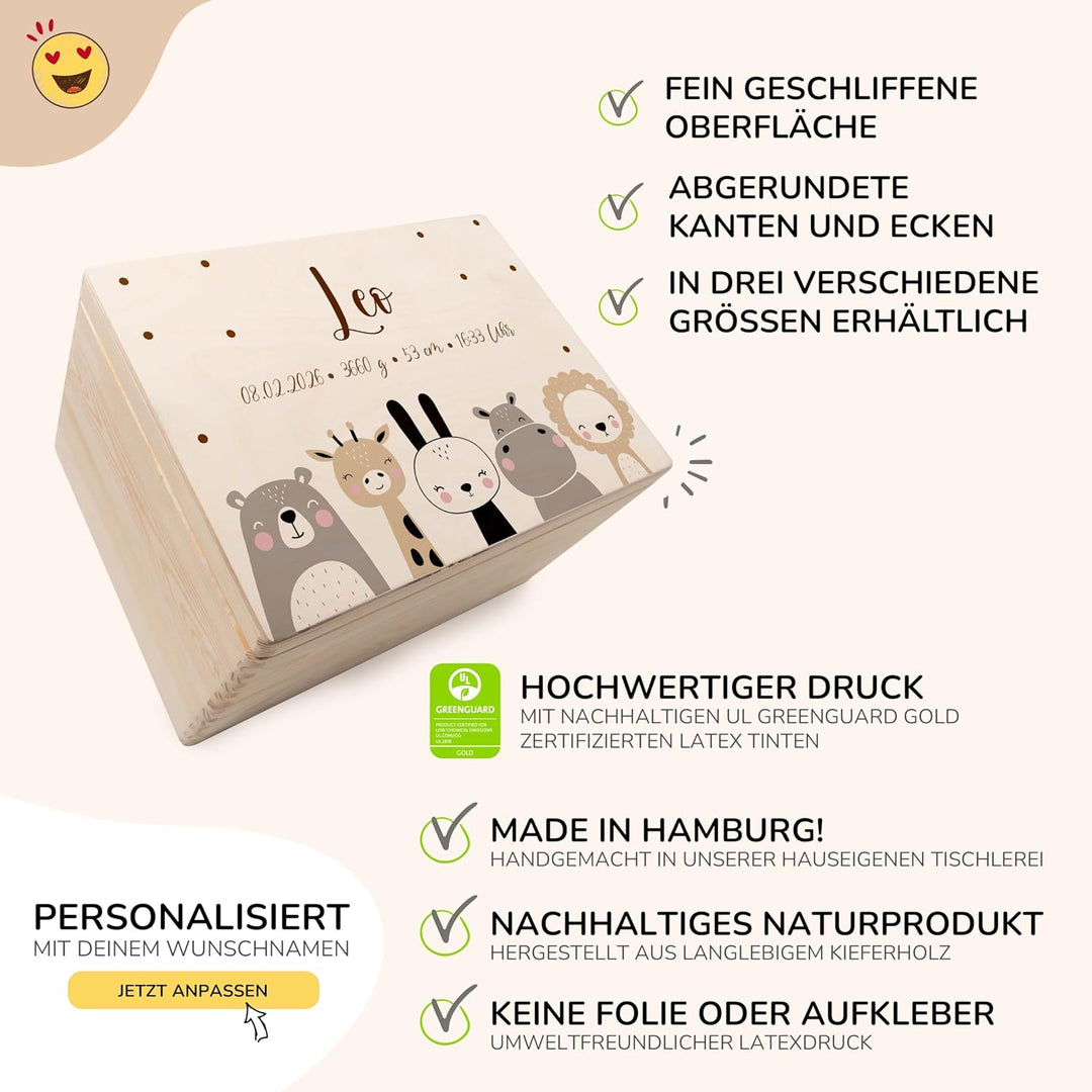 KIDSMOOD - Erinnerungsbox Baby, personalisierte Holzkiste mit Deckel, Ideal zur Aufbewahrung von Eri