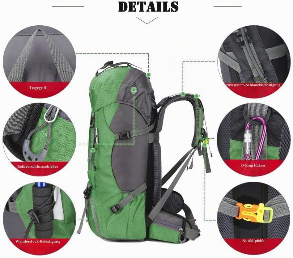 Bseash 60L Wasserdichter leichter Wanderrucksack mit Regenschutz, Outdoor Sport Tagesrucksack Multif