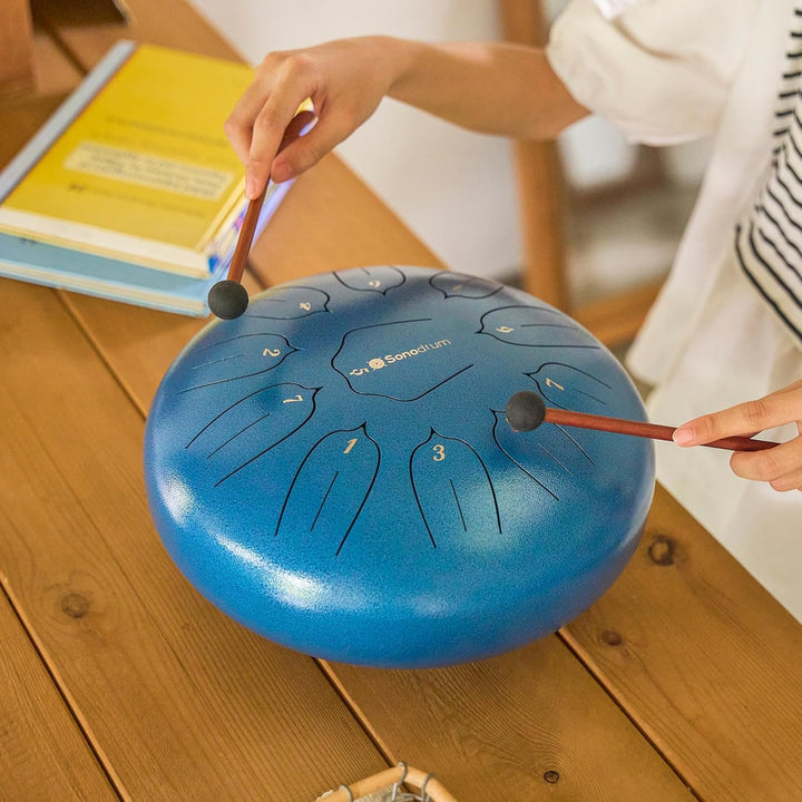 Sonodrum Zungentrommel "Standard 30cm D-Dur" in Blau - Tongue Drum inkl. Schlägel, gratis Liederbuch