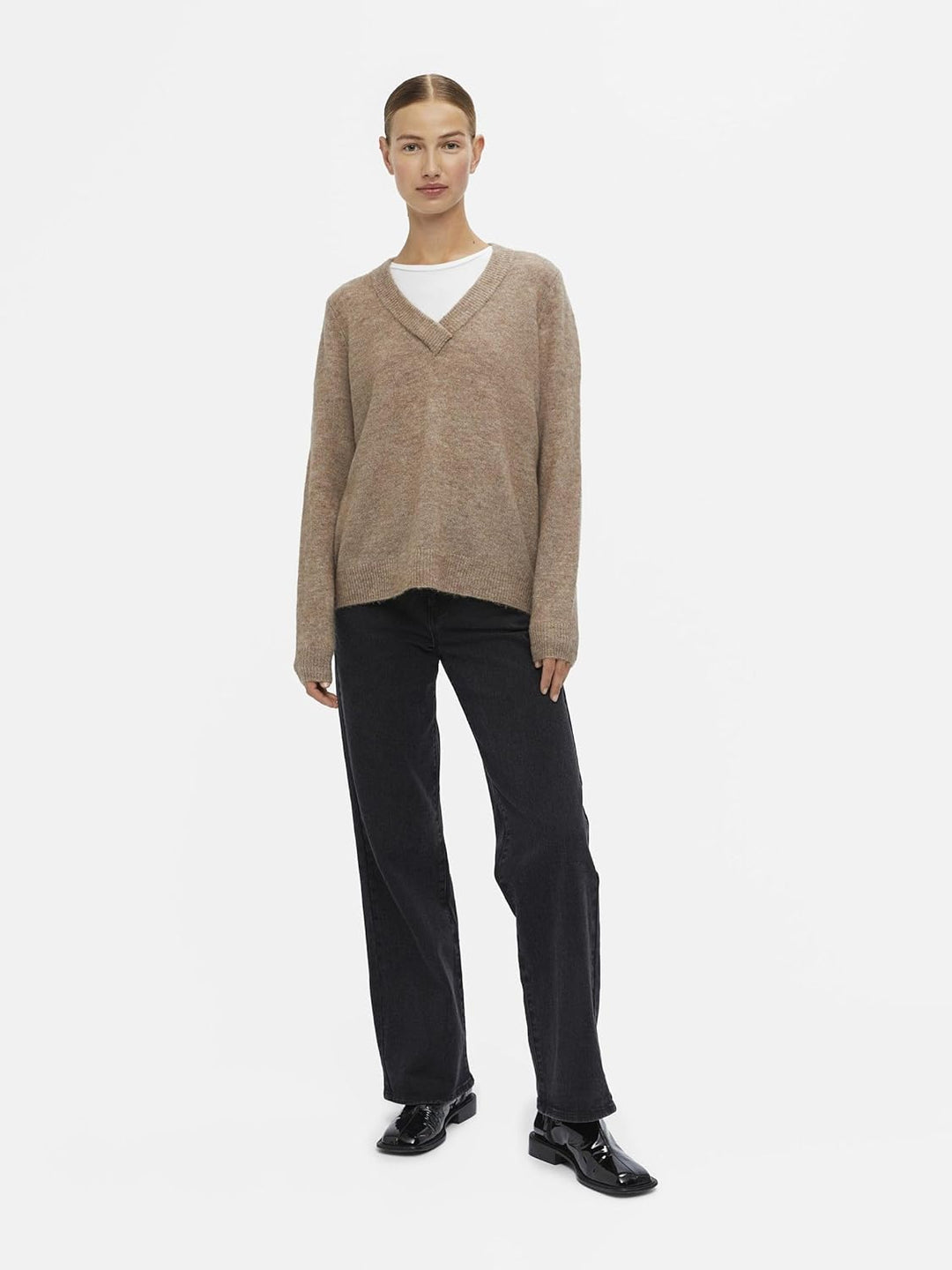 Object Damen Objellie L/S V-Neck Pullover Noos Strickpullover, Fossil