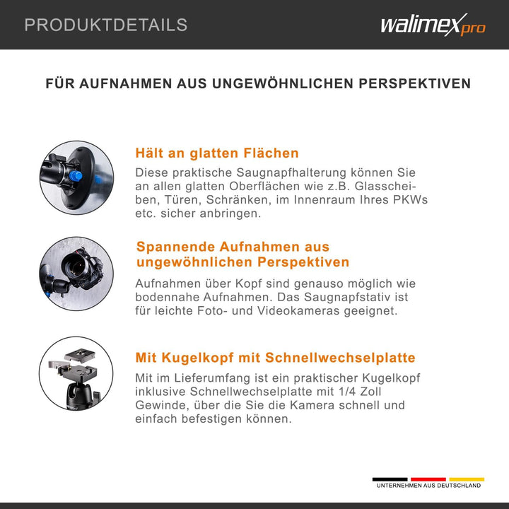 Walimex Pro Saugnapf-Stativ inkl. Kugelkopf für System- und DSLR Kameras