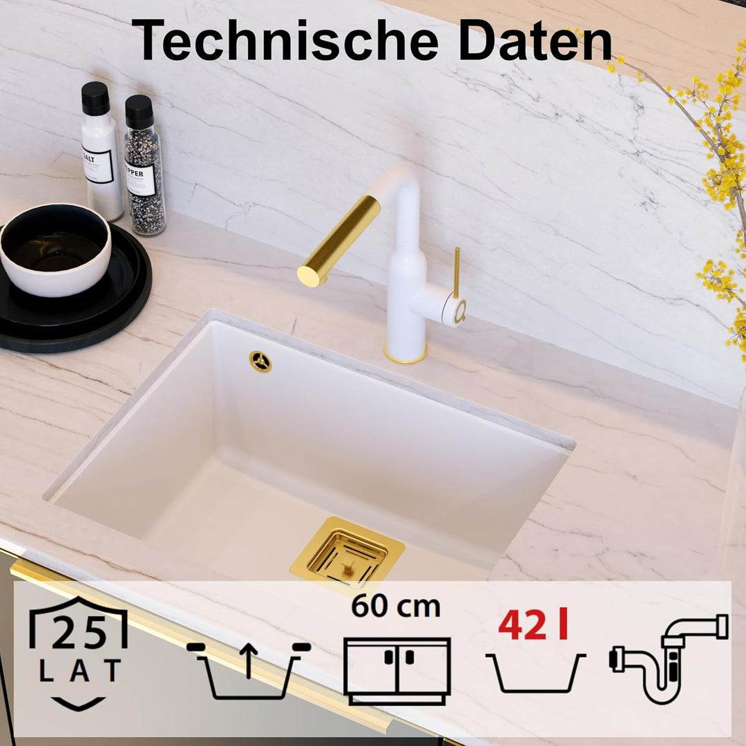 QUADRON | DAVID 50 | Granitspüle | Masse: 55 x 42 x 22,5 cm | 1-Kammer-Unterbauspüle | Schrankunterb