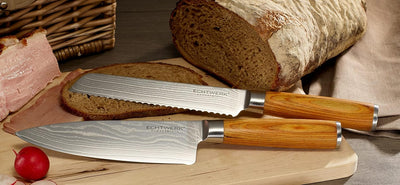 Echtwerk Damastmesser Set 3 teilig, Küchenmesser, Damaszener, Messer mit Holzgriff, Braun/Silber, 36