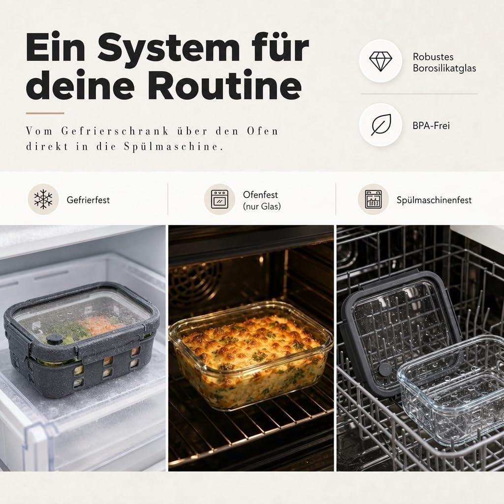 Meal Prep Boxen Set 3x1020ml – Borosilikatglas, auslaufsicher, stapelbar, mikrowellengeeignet, mit S