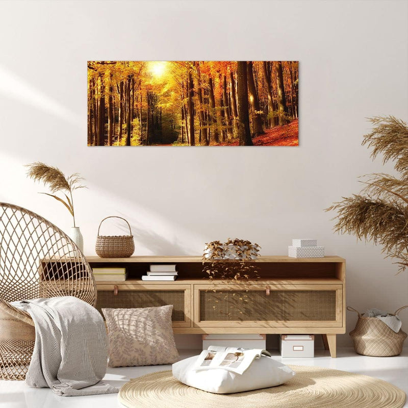 Wandbilder Dekoration Wohnzimmer Pfad Blätter Wald Panorama Bilder auf Leinwand 120x50cm Leinwandbil