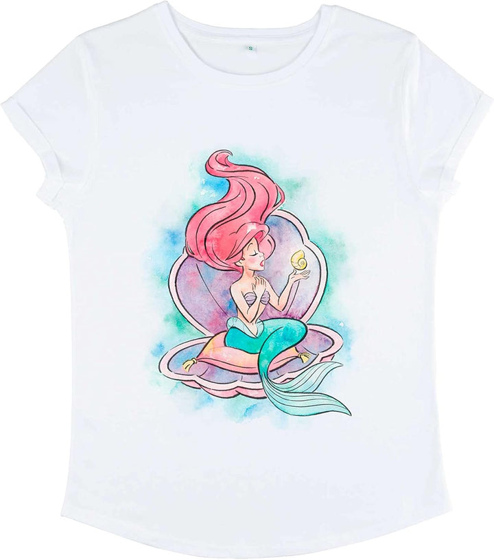 Disney Damen The Little Mermaid Shining Voice Women's Organic Rolled Sleeve T-shirt M Weiss, M Weiss