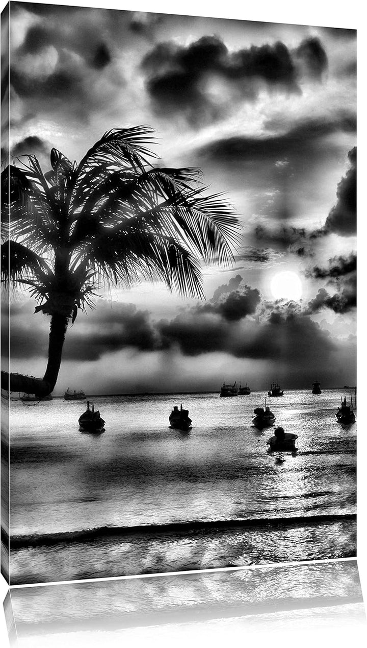 Pixxprint Monocrome, Palmen an Traumstrand, Format: 100x70 auf Leinwand, 100x70