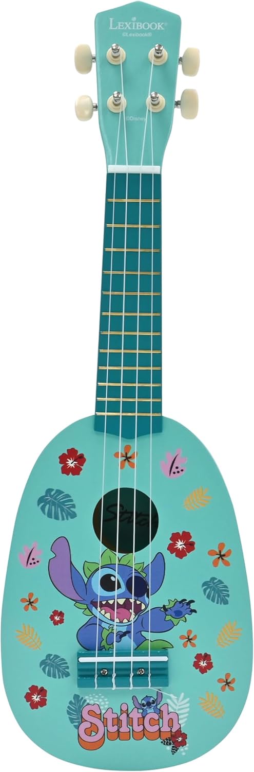 Lexibook, Disney Stitch, Meine erste Holz-Ukulele, 4 Nylonsaiten, 53 cm, inklusive Anleitung, Blau,