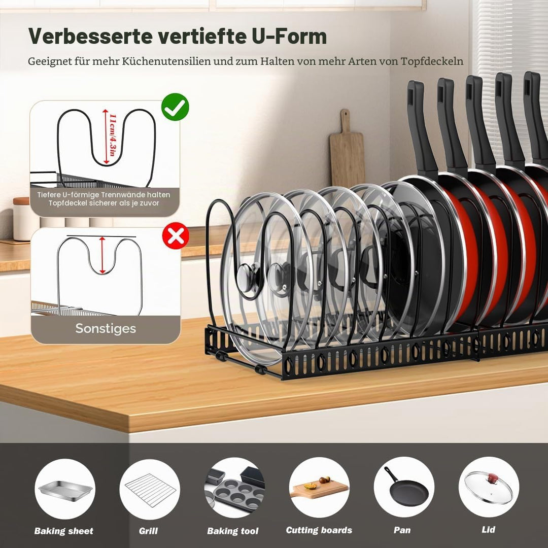 Housolution Pfannenhalter für Schublade, Erweiterbarer Topfdeckelhalter mit 14 Verstellbaren Teiler,
