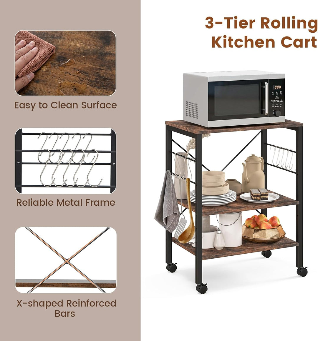 KOMFOTTEU Küchenwagen Küchenregal auf Rollen, 3 Ebenen Rollwagen Mikrowellenregal mit höheverstellba
