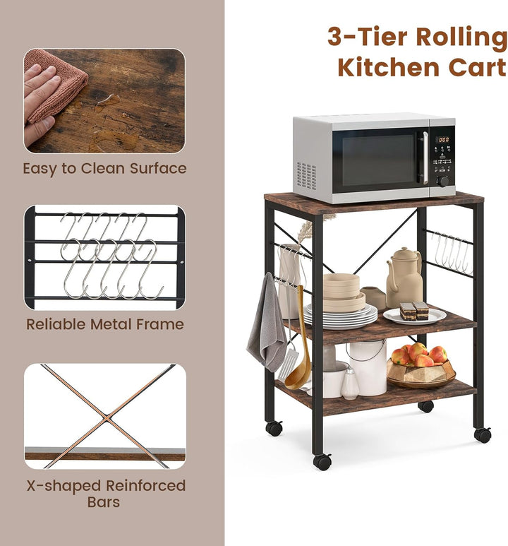 KOMFOTTEU Küchenwagen Küchenregal auf Rollen, 3 Ebenen Rollwagen Mikrowellenregal mit höheverstellba