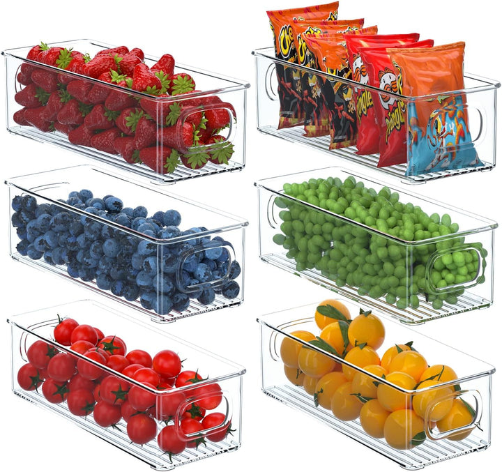 FINEW Kühlschrank Organizer 6er Set, Stapelbar Küchen Aufbewahrungsbox, Kühlschrankbox mit Griff, du