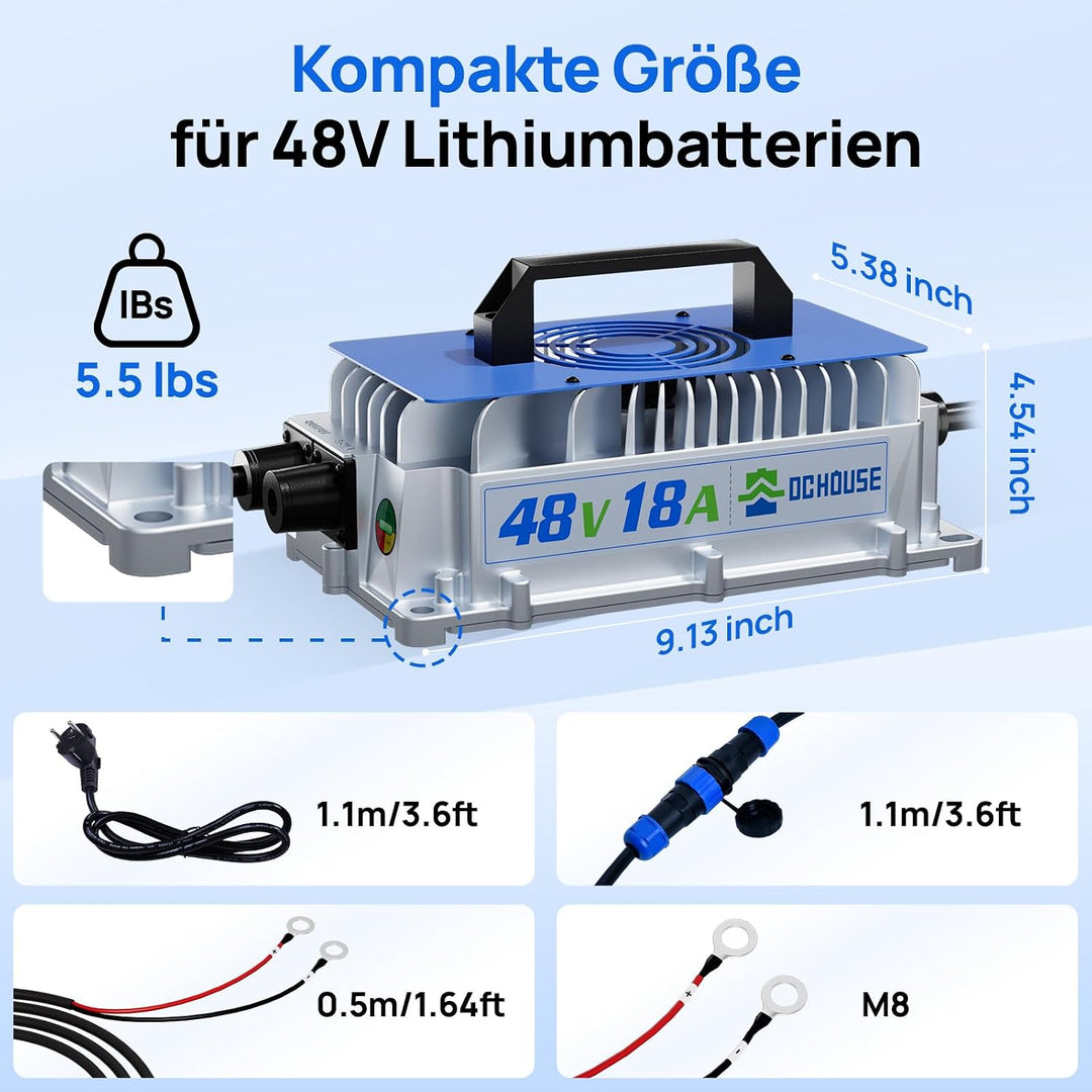 DCHOUSE 18A 48V LiFePO4 Batterieladegerät, 48V Lithium Batterieladegerät 900W Wasserdicht Anti-Fall