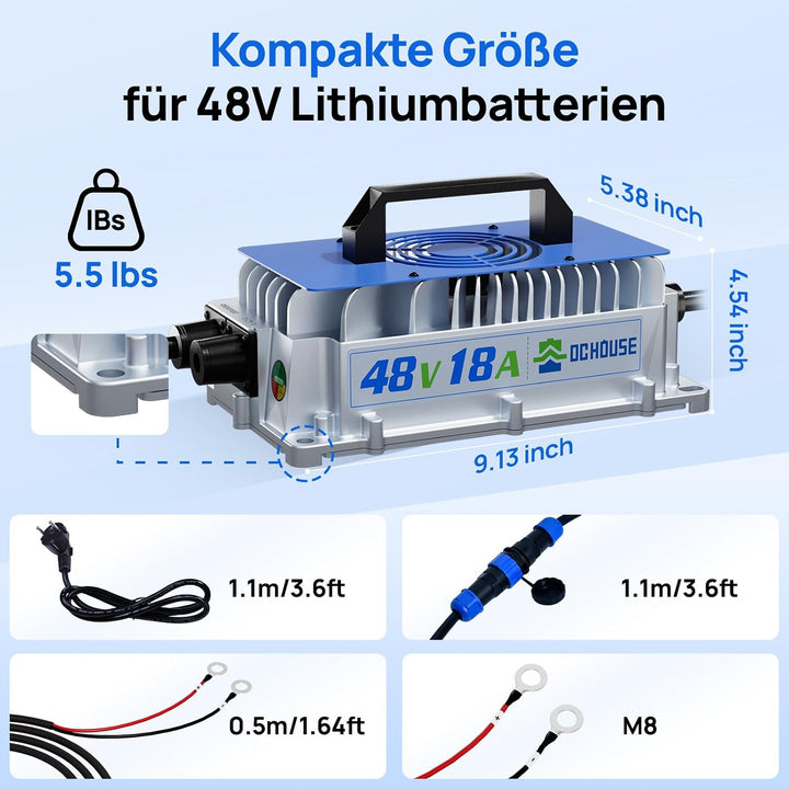 DCHOUSE 18A 48V LiFePO4 Batterieladegerät, 48V Lithium Batterieladegerät 900W Wasserdicht Anti-Fall