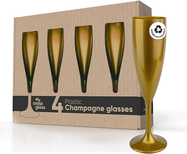 MyDrinkglass Sektgläser Plastik Givet | Gold Champagner Gläser | 4 Stück | Kunststoff Gläser | Campi