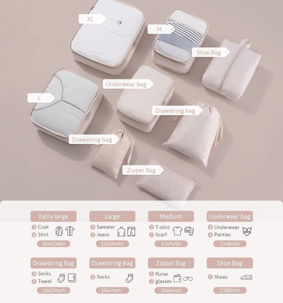 Meowoo Koffer Organizer Packing Cubes 8-teilig Packwürfel Reise Organizer Packtaschen Kleidertaschen