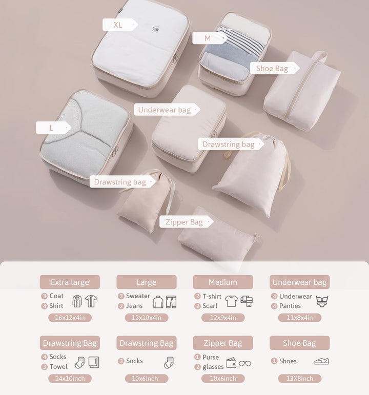 Meowoo Koffer Organizer Packing Cubes 8-teilig Packwürfel Reise Organizer Packtaschen Kleidertaschen