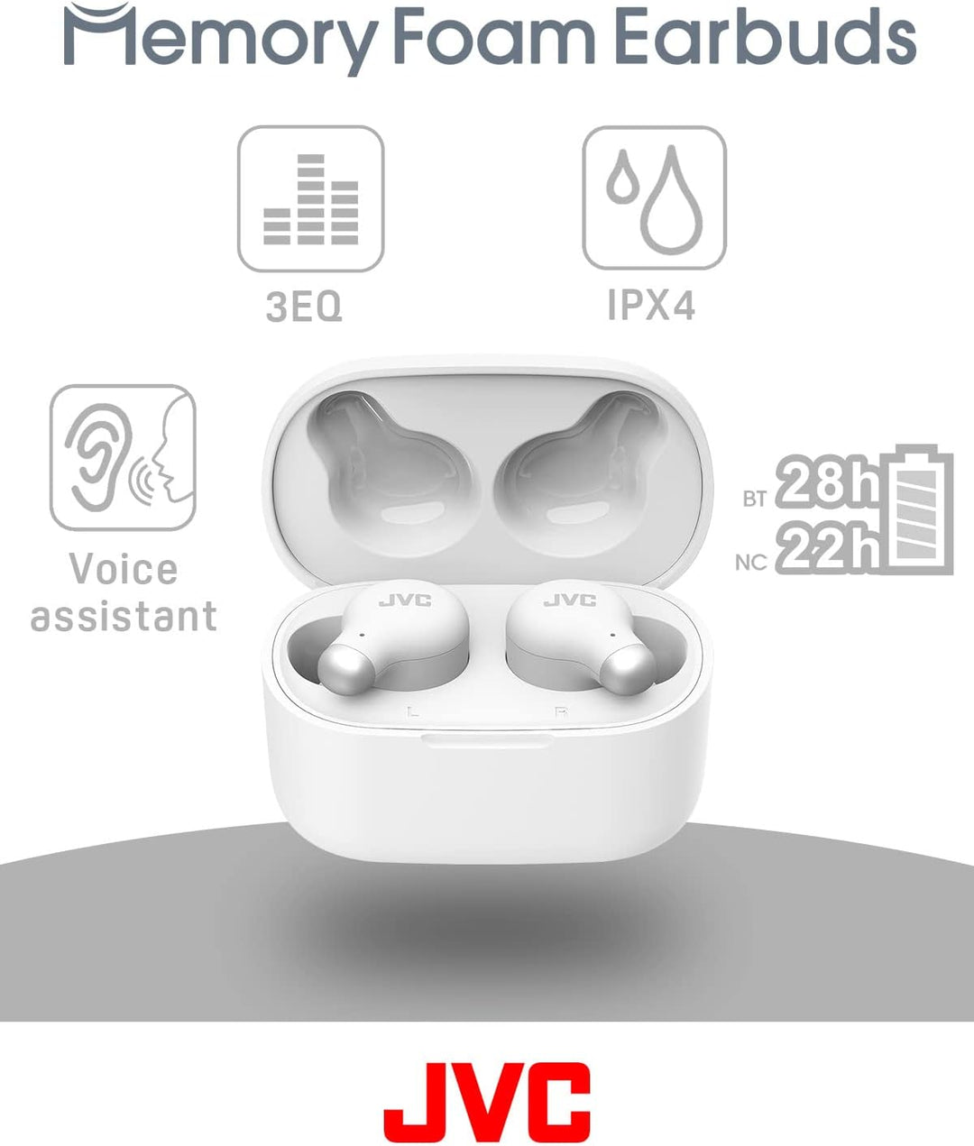 JVC HA-Z250T-W True Wireless Kopfhörer mit aktiver Geräuschunterdrückung, weiche &amp; komfortable Memor