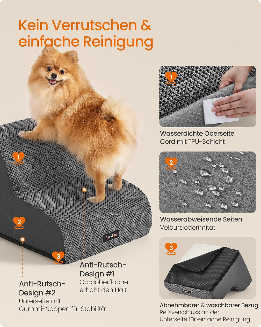 Feandrea Hundetreppe, 2 Stufen, wasserdicht, rutschfest, geringe Neigung | Haustiertreppe, Kurzplüsc