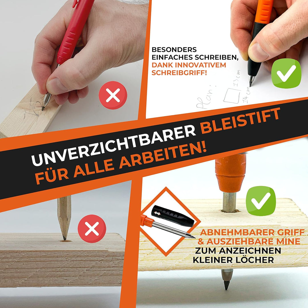 THORVALD Set Tieflochmarker Bleistift (2 x Zimmermannsbleistift + 38 Minen + Spitzer + Schreibgriff)