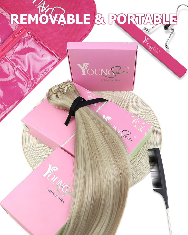 YoungSee Clip in Extensions Echthaar Aschblond Echthaar Extensions Clip Blond Strahnchen Platinblond