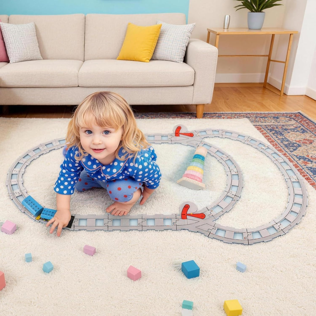 32pcs Bausteine Zug Schienen Set, City Zug Schienen Set mit Aufbewahrungstasche, Eisenbahn Erweiteru