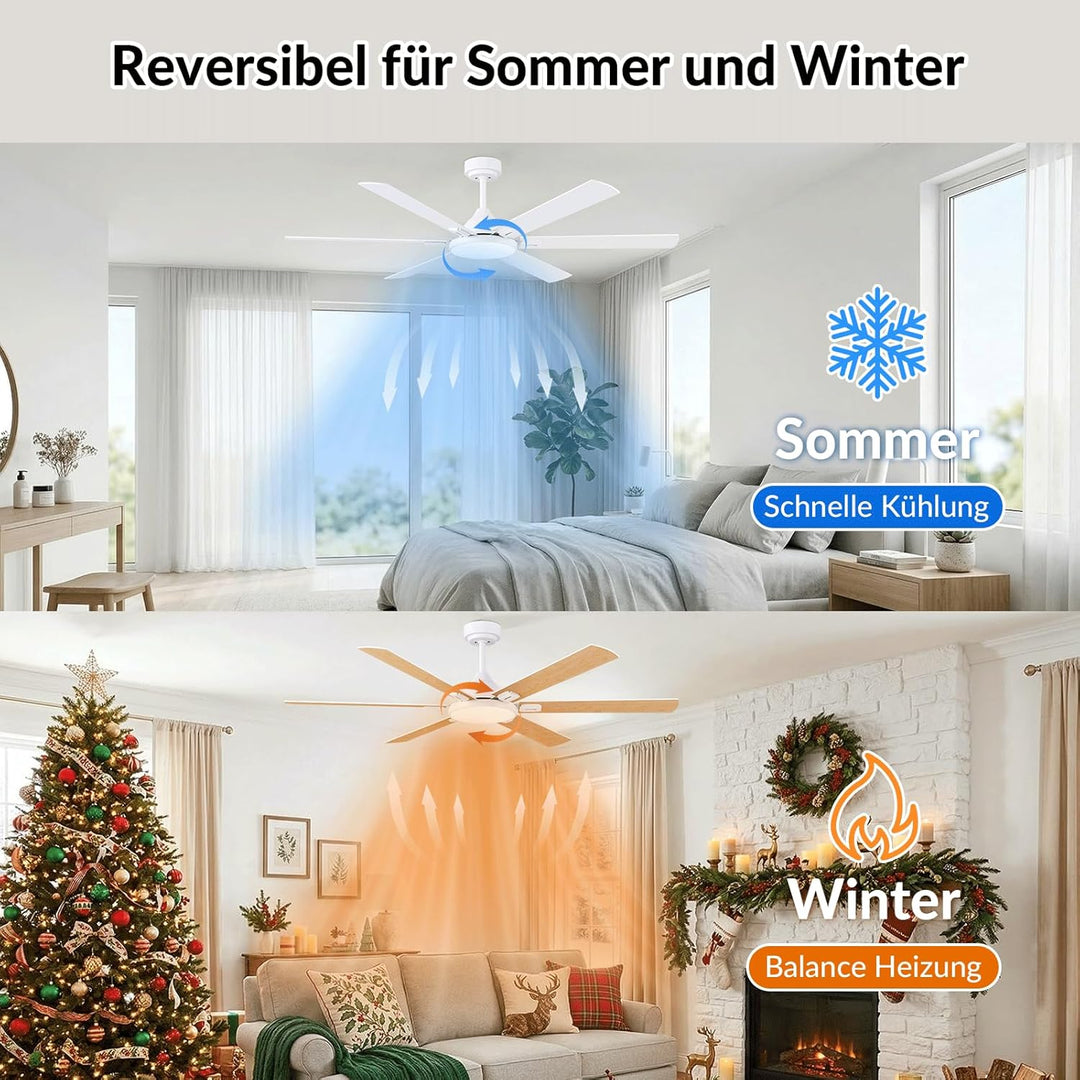 Newday Deckenventilatoren Weiss mit 6 Flügel, 153cm Gross Deckenventilator mit Beleuchtung und Fernb