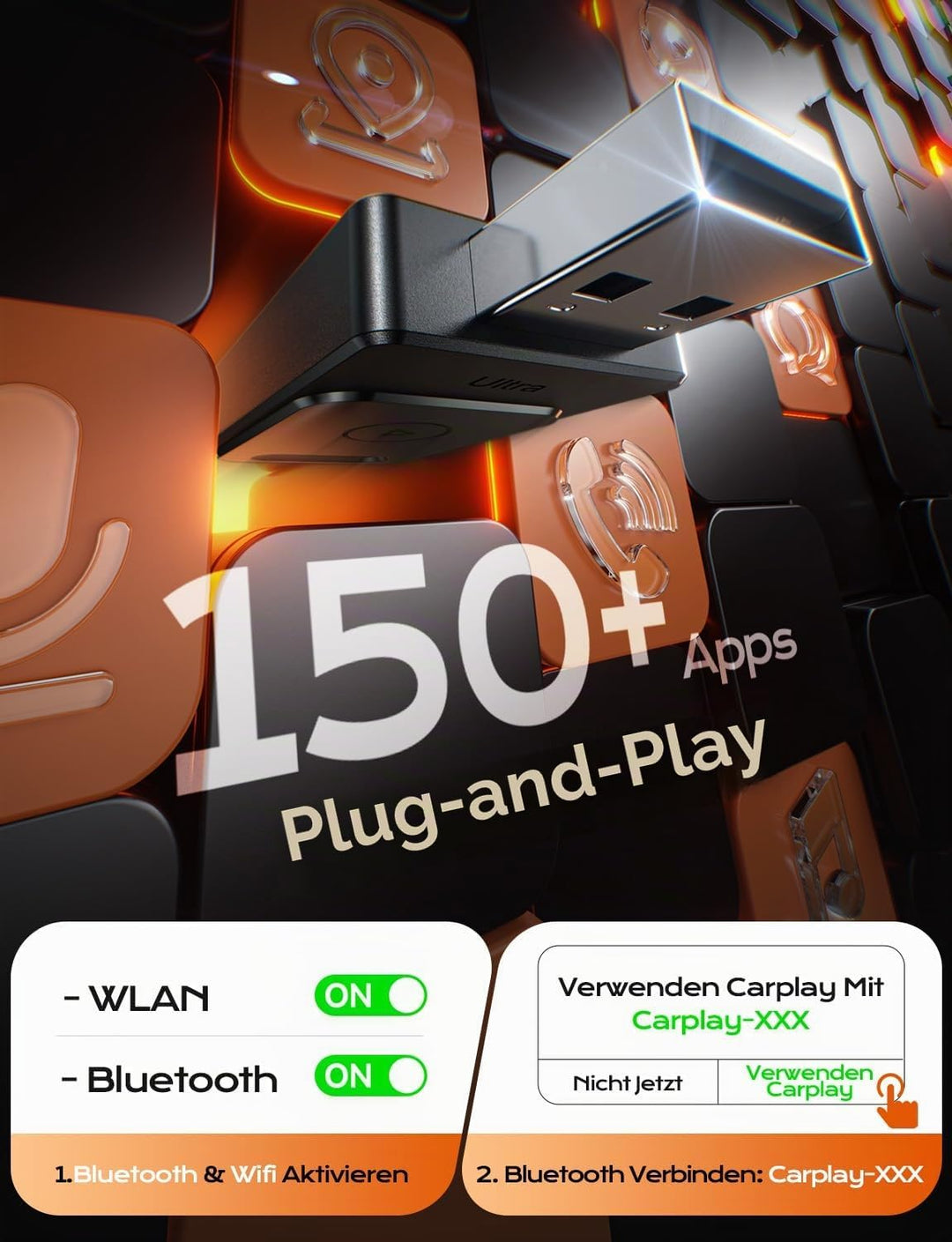 für Apple Carplay Wireless Adapter, 3X Verbindung, Mini Keine Latenz Wireless Carplay Adapter, Plug