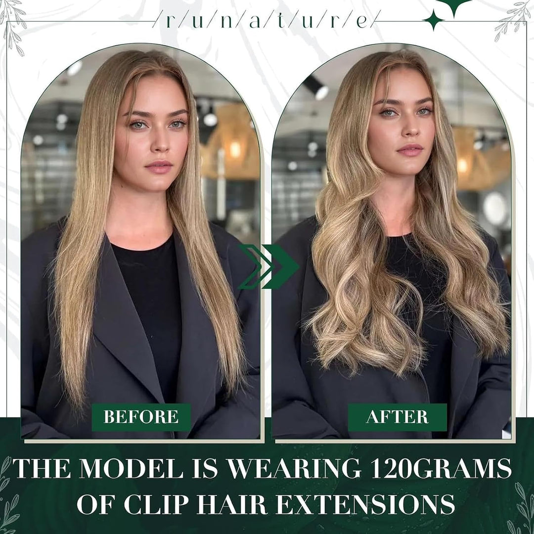 RUNATURE Extensions Echthaar Clip Balayage Braun Blond 25cm Kurz Clip in Haarverlängerung Echthaar 3