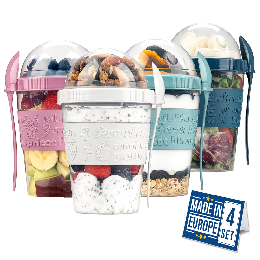 Crystalia Joghurtbehälter 4er Set 600ml 100% BPA FREI Müslibecher mit Löffel Fruchtjoghurtbehälter,