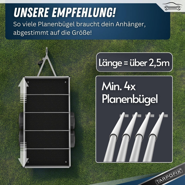 Tarpofix® Anhängerplane Flachplane 257,5 x 134,5 cm + 4x Planenbügel (verstellbar 100-145cm) - randv