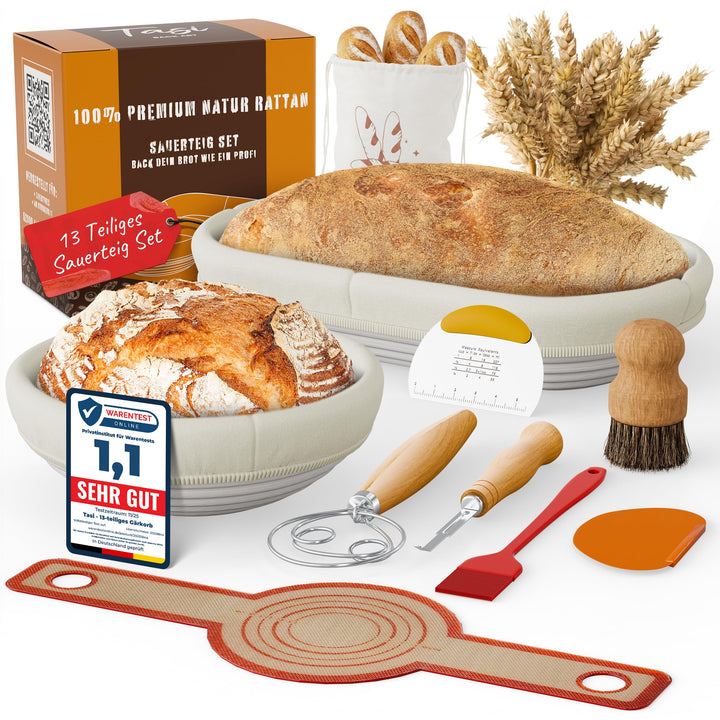 Brot Gärkorb Set 13-teilig – 2x Profi Gärkörbchen Rund &amp; Oval (23 &amp; 25 cm) aus 100% Rattan | Komplet