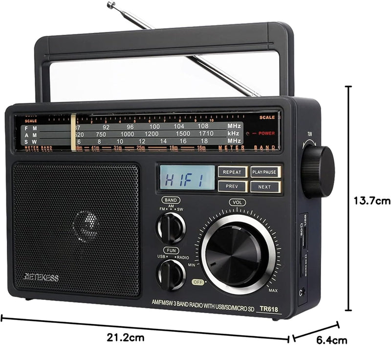 Retekess TR618 Tragbare Radio Batteriebetrieben, Kofferradio für Senioren, Weltempfänger AM FM SW, U