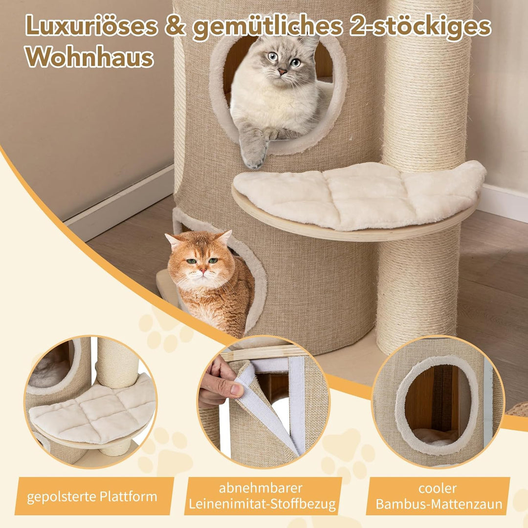 COSTWAY Kratzbaum, Katzenbaum mit 2-stöckiger Kratztonne, Hängematte, abnehmbarem Bett, Sisalbrett,