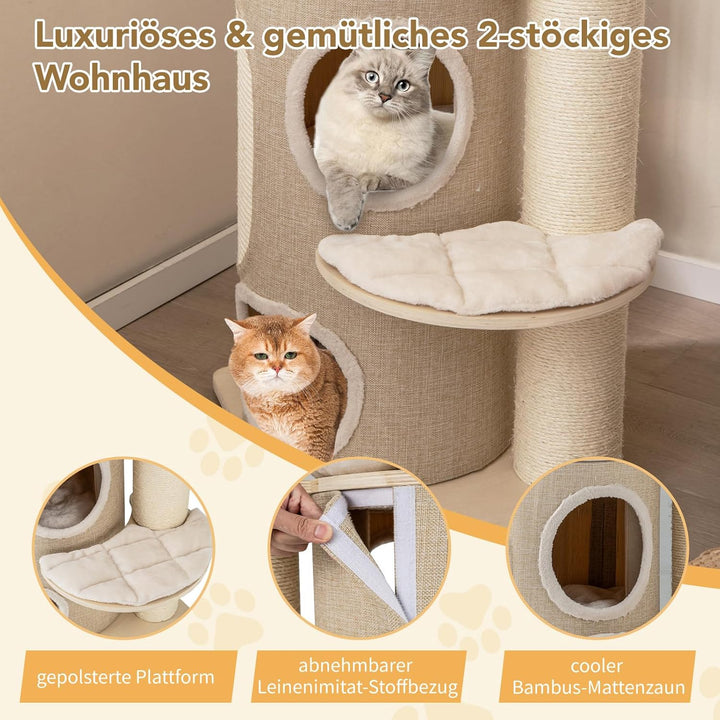 COSTWAY Kratzbaum, Katzenbaum mit 2-stöckiger Kratztonne, Hängematte, abnehmbarem Bett, Sisalbrett,