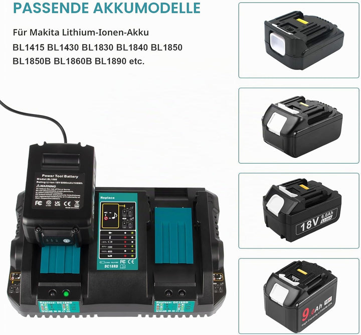 4A Dual Port Ladegerät für Makita Akku, DC18RD 14,4V~18V Li-ion Akku Ersatz Schnellladegerät doppell