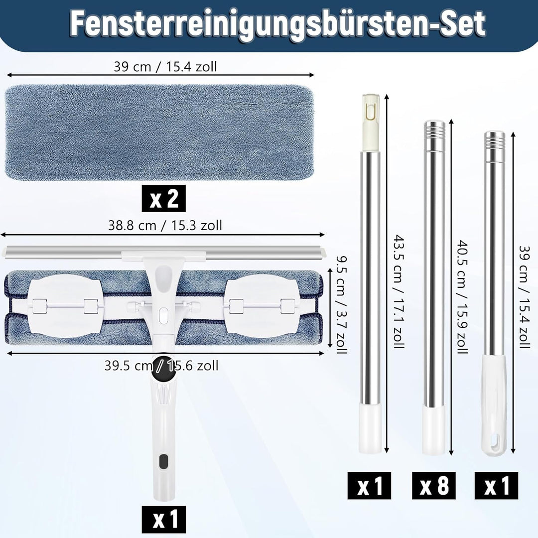 Fensterwischer Teleskop 388 cm, 2-in-1 mit 39 cm Reinigungskopf | Vielseitiger Fensterabzieher mit d