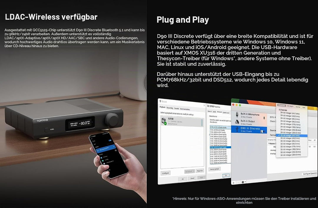 TOPPING D90 III Discrete Vollständig ausgeglichener HiFi-DAC - BT 5.1-Unterstützung LDAC PEQ-Einstel