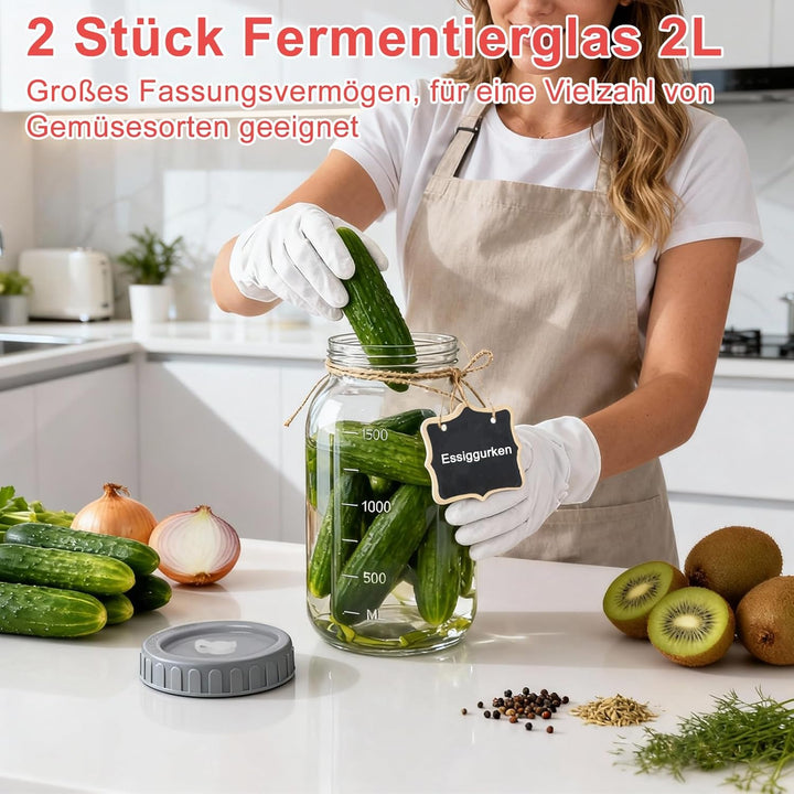 Fermentierglas 2 Stück 2L, Kimchi Behälter mit Luftschleuse, Fermentationsglas Breiter Mund Fermenti